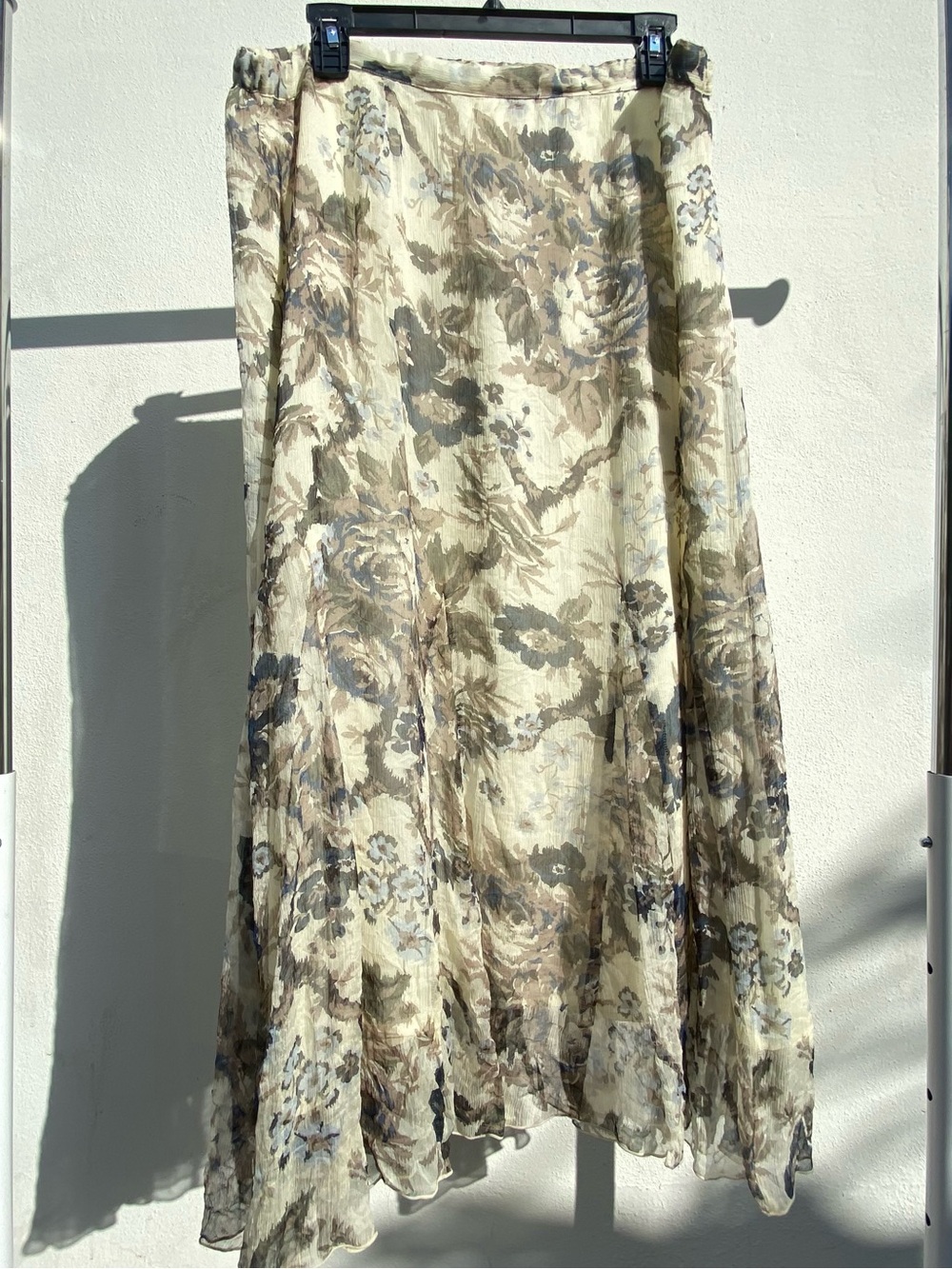 Y2K Coldwater Creek 100% Silk Cream Blue & Green Floral Whimsy Maxi Skirt XL